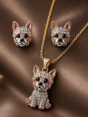 PETROVE Corgi Necklace & Earrings Set – Gold Crystal Dog Lover Jewelry Gift